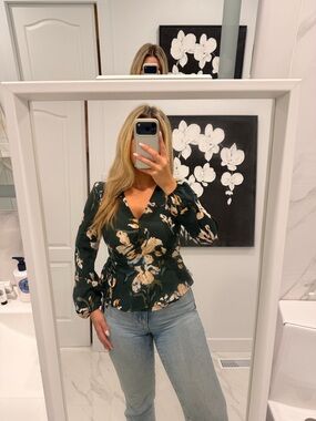 Dynamite Dark Green Floral Wrap Peplum Blouse